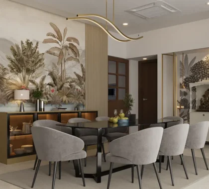 Contemporary Dining Room with Display Cabinets and Puja Corner