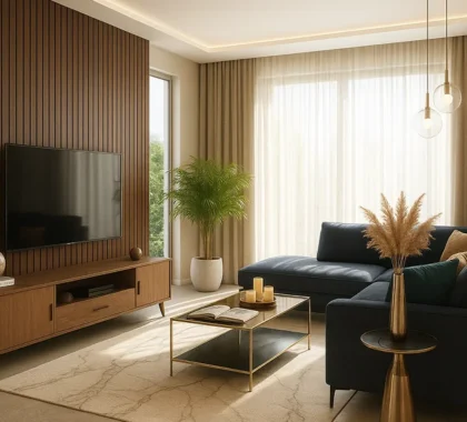 Modern Living Room with Beautifull  Dark  Wall Panelling