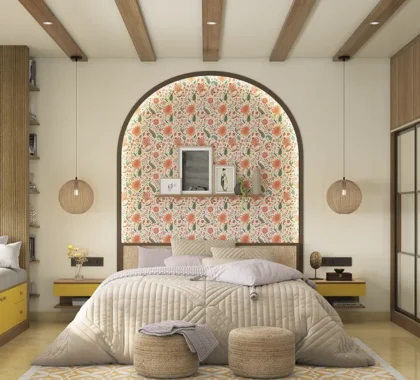 Modern Bedroom with Bay Window Seating and Sliding Wardrobe