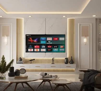 Contemporary Living Room with Floating Backlit TV Unit
