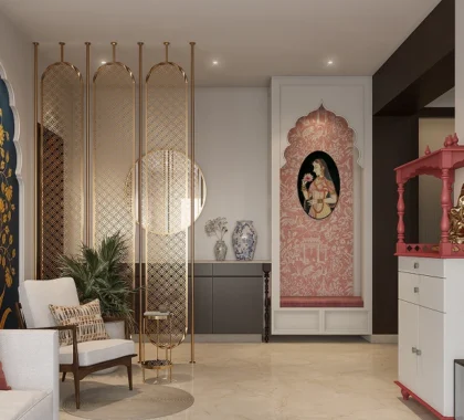 Elegant Living Area with Partition and Compact Puja Unit