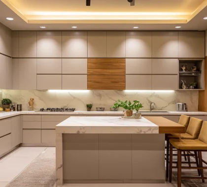 Spacious Modular Kitchen with  Beautifull Marble Island Counter