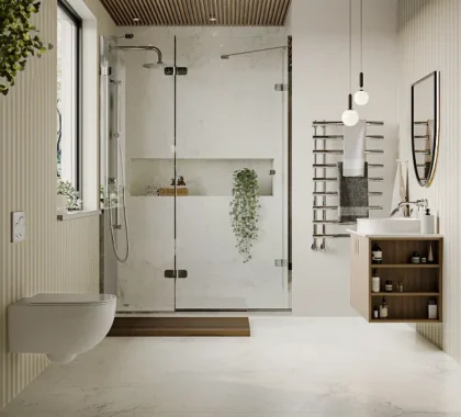 Contemporary Bathroom with Glass Partition and Vanity